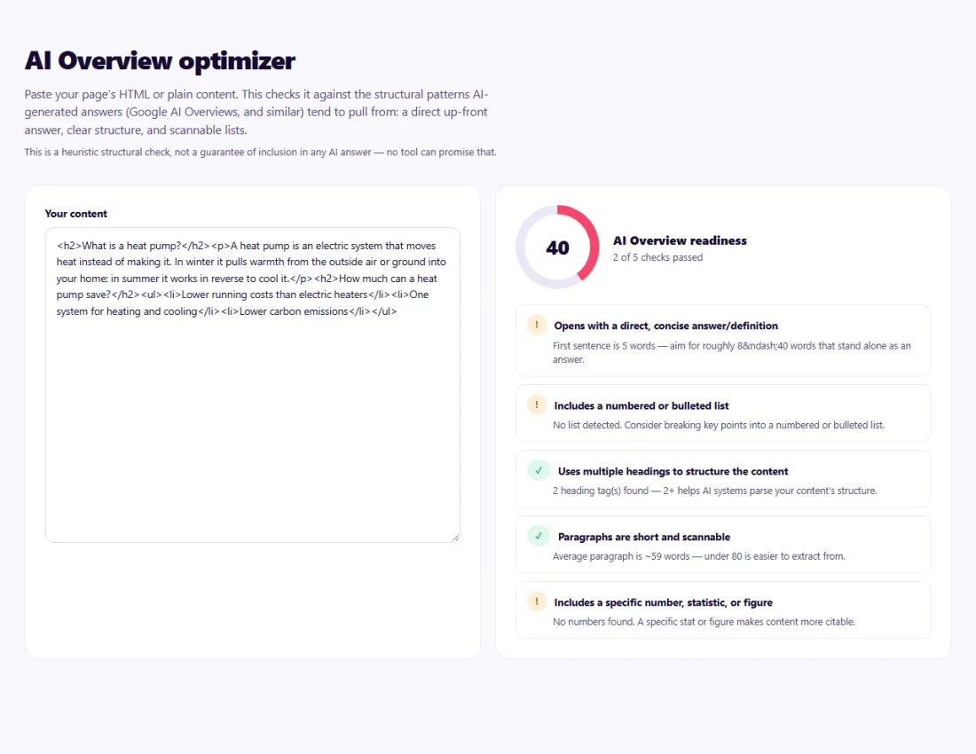 Step 1: Paste the section that answers one question — the structure checks update instantly.