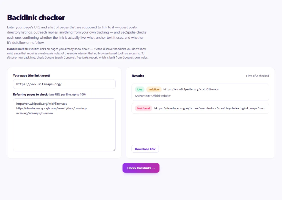 Step 2: Each page shows whether the link is live, its anchor text and whether it is dofollow.
