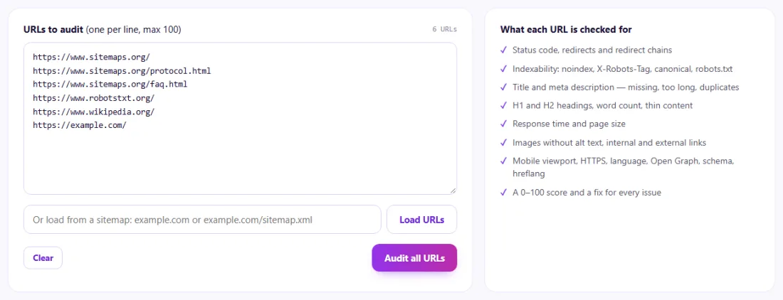 Step 1: Paste up to 100 URLs, or load them from your sitemap.