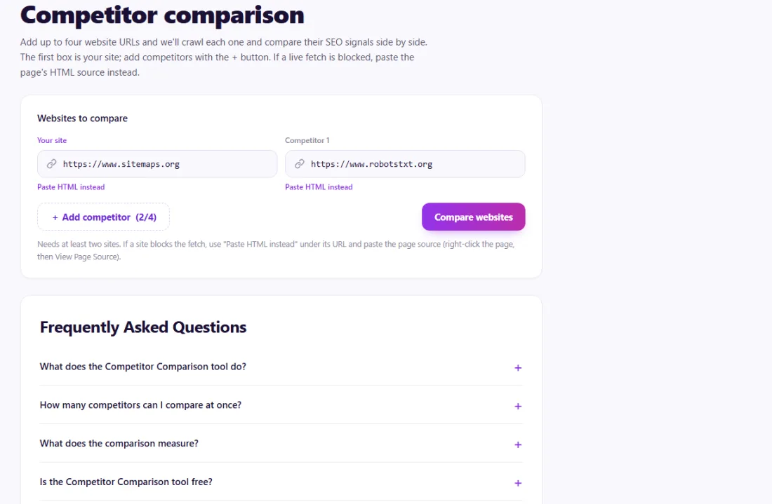 Step 1: Enter your site and up to three competitors.