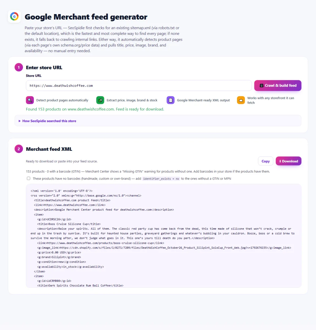 Step 2: Products are detected from their own product data — review them and download the XML feed.