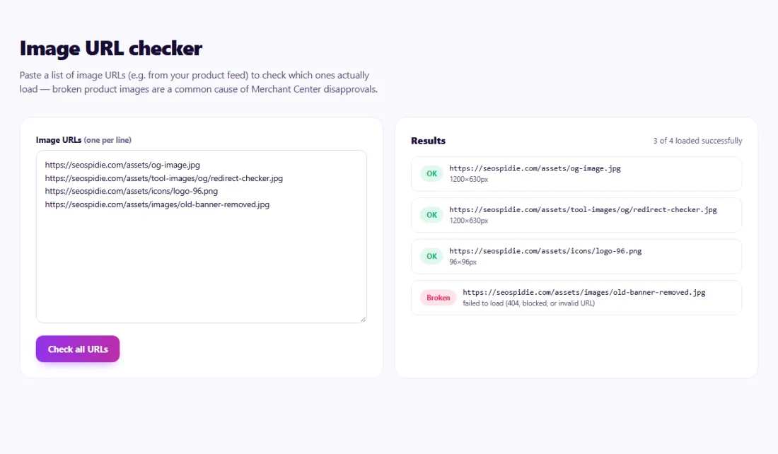 Step 1: Paste image URLs — each one is loaded and marked working or broken, with its size.