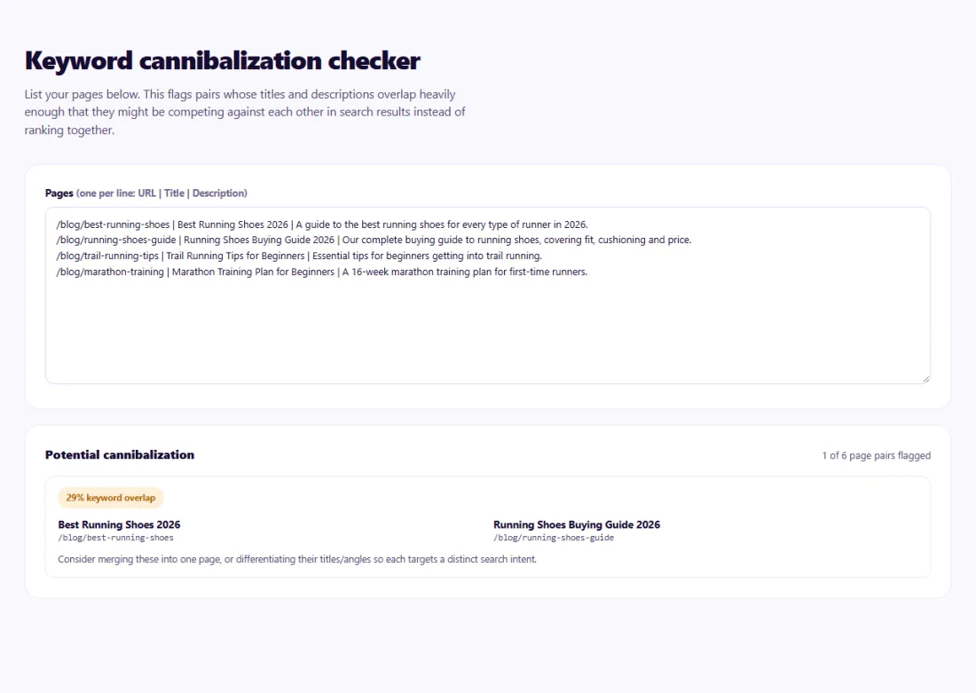 Step 1: List your pages with titles and descriptions — pairs that compete are flagged.