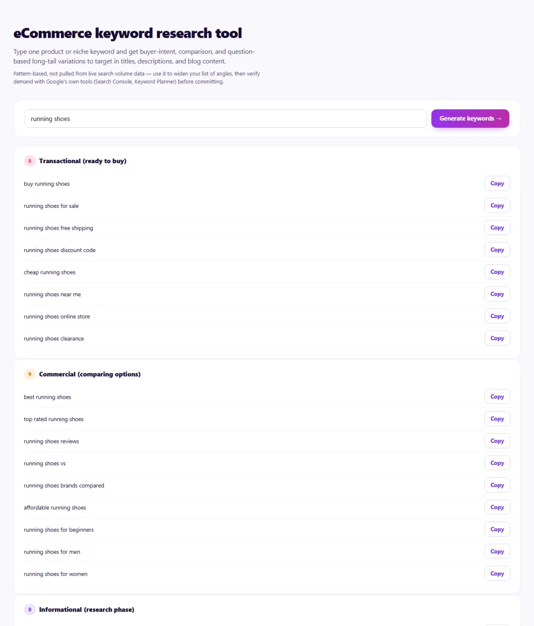 Step 1: Enter one keyword to get buyer-intent, comparison and question variations.