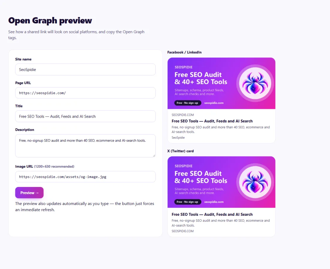 Step 1: Enter your page details and image — see the share previews and copy the tags.
