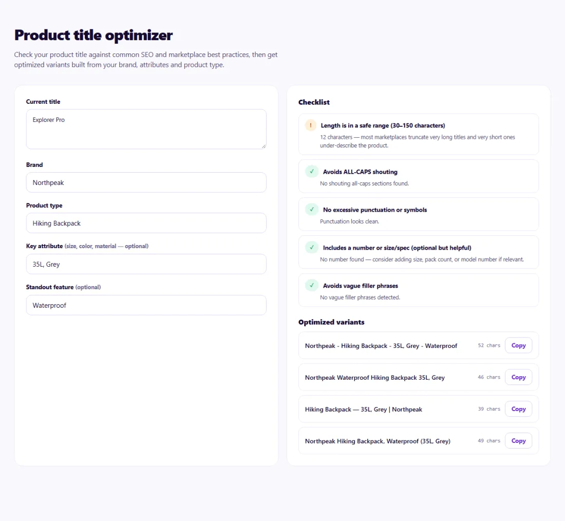 Step 1: Enter your title and attributes — see the checks and optimised variants.