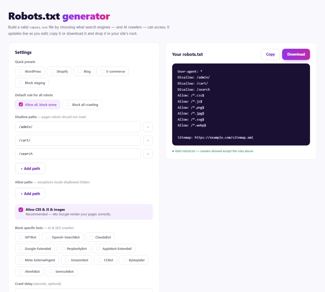 Step 1: Choose the rules for search engines and AI crawlers — the file builds live, ready to copy or download.