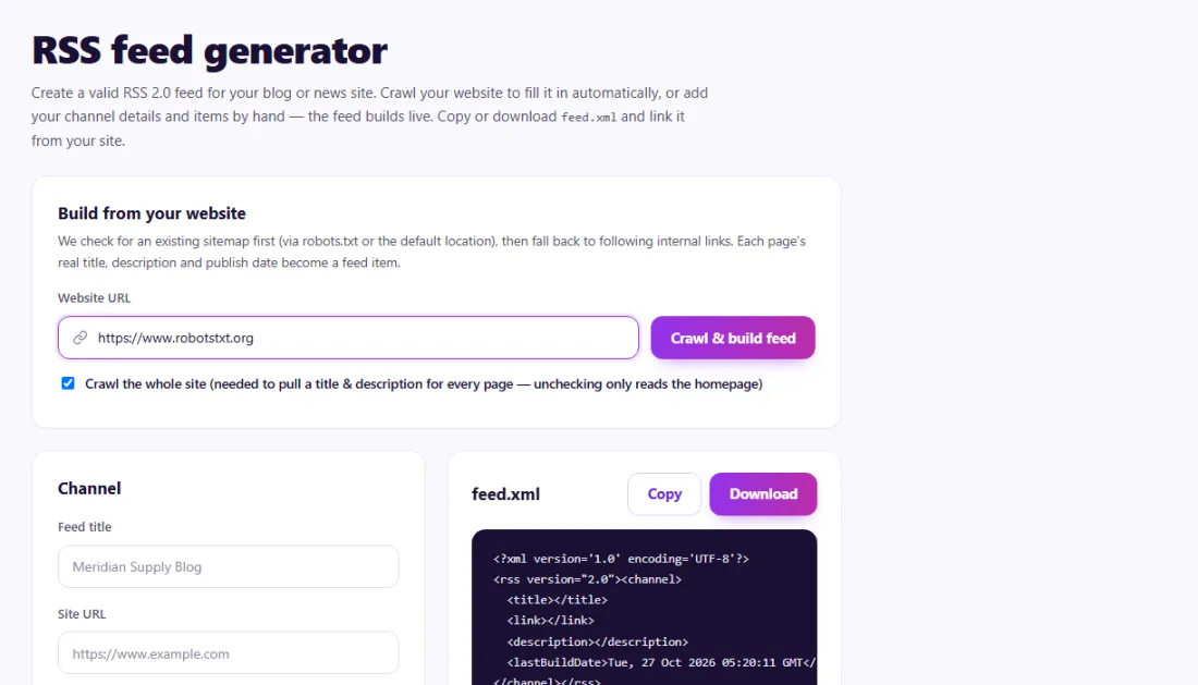 Step 1: Enter your site to collect recent pages, or add items by hand.