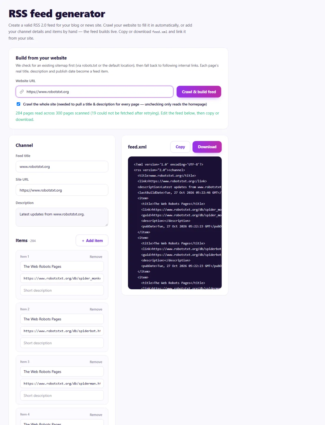 Step 2: Review the items in the live preview, then copy or download feed.xml.