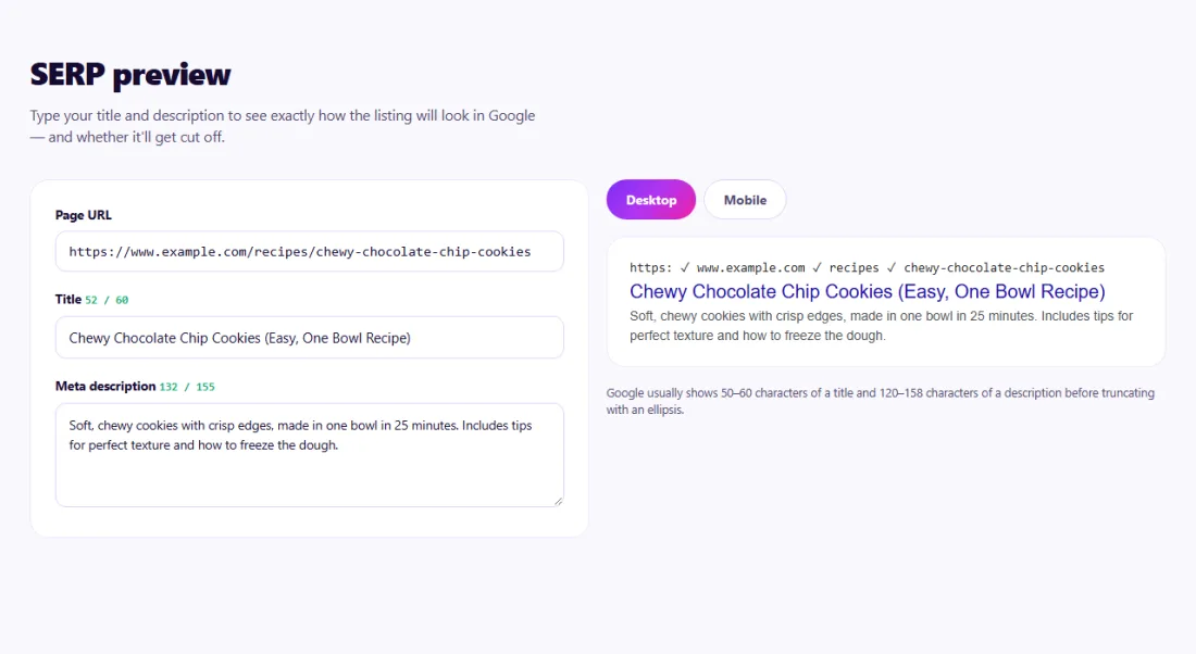 Step 1: Type your title and description to see the desktop and mobile result before publishing.