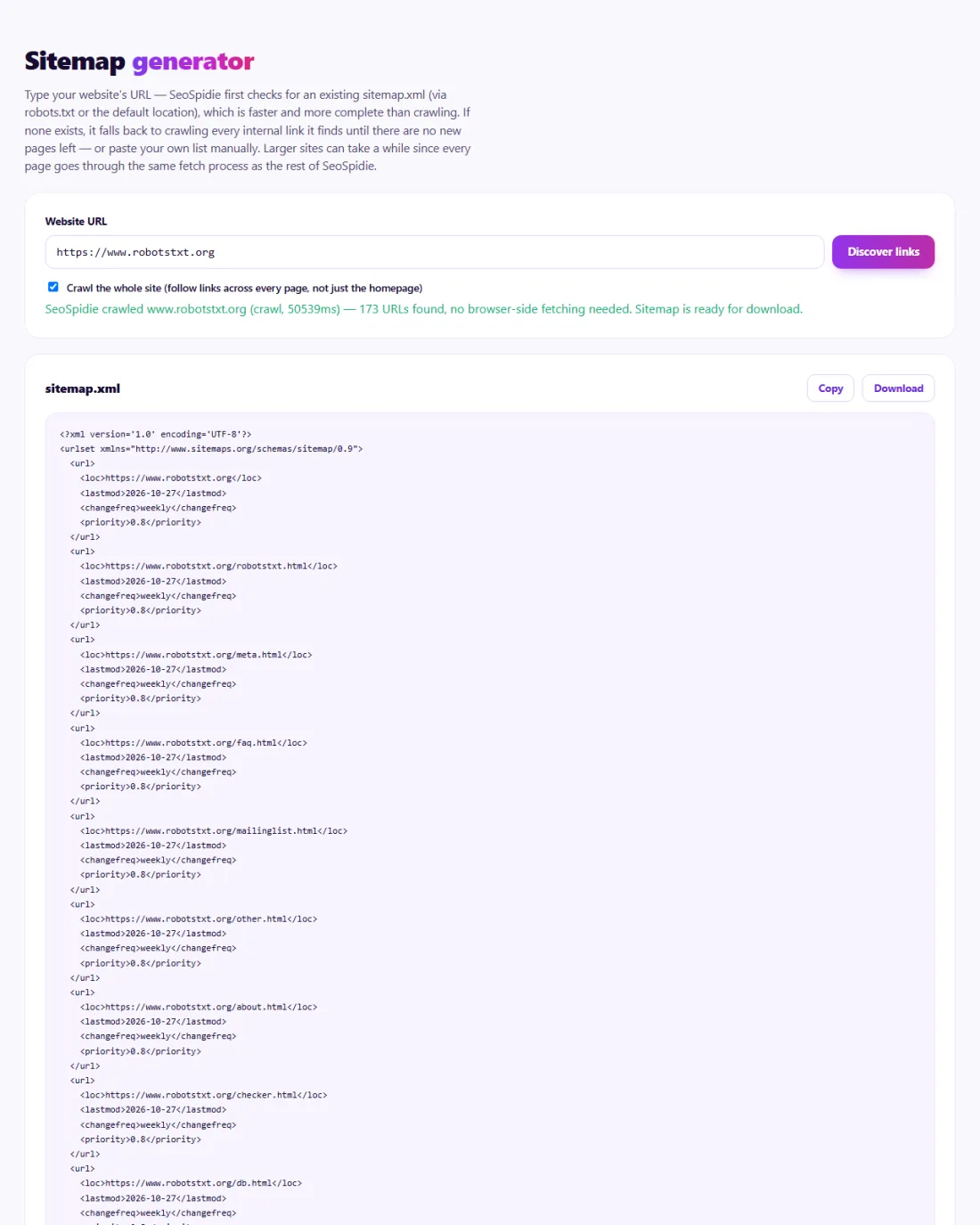 Step 2: Review the URLs found, then download sitemap.xml.