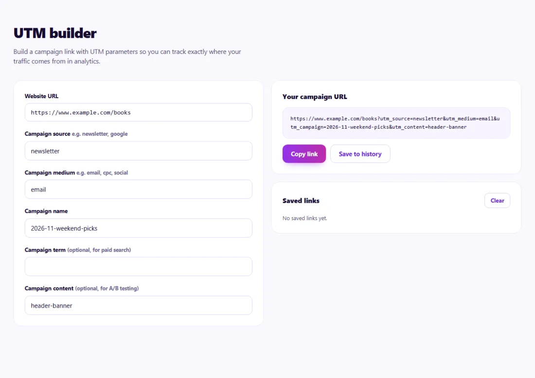 Step 1: Fill in source, medium and campaign — copy the tagged link.