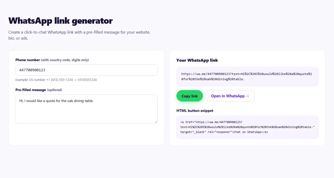 Step 1: Enter your number with country code and an optional message — copy your wa.me link.